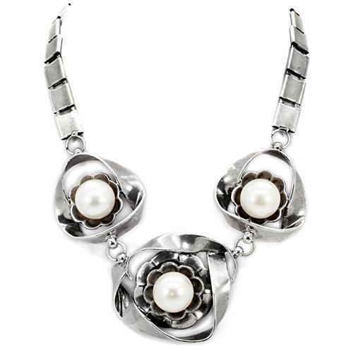 Women's Jewelry - Necklaces Women's LO1867 - Antique Silver White Metal Necklace with Synthetic Pearl in White