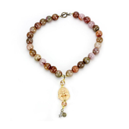 Antique copper brass necklace for women featuring colorful beads and a unique Buddha pendant
