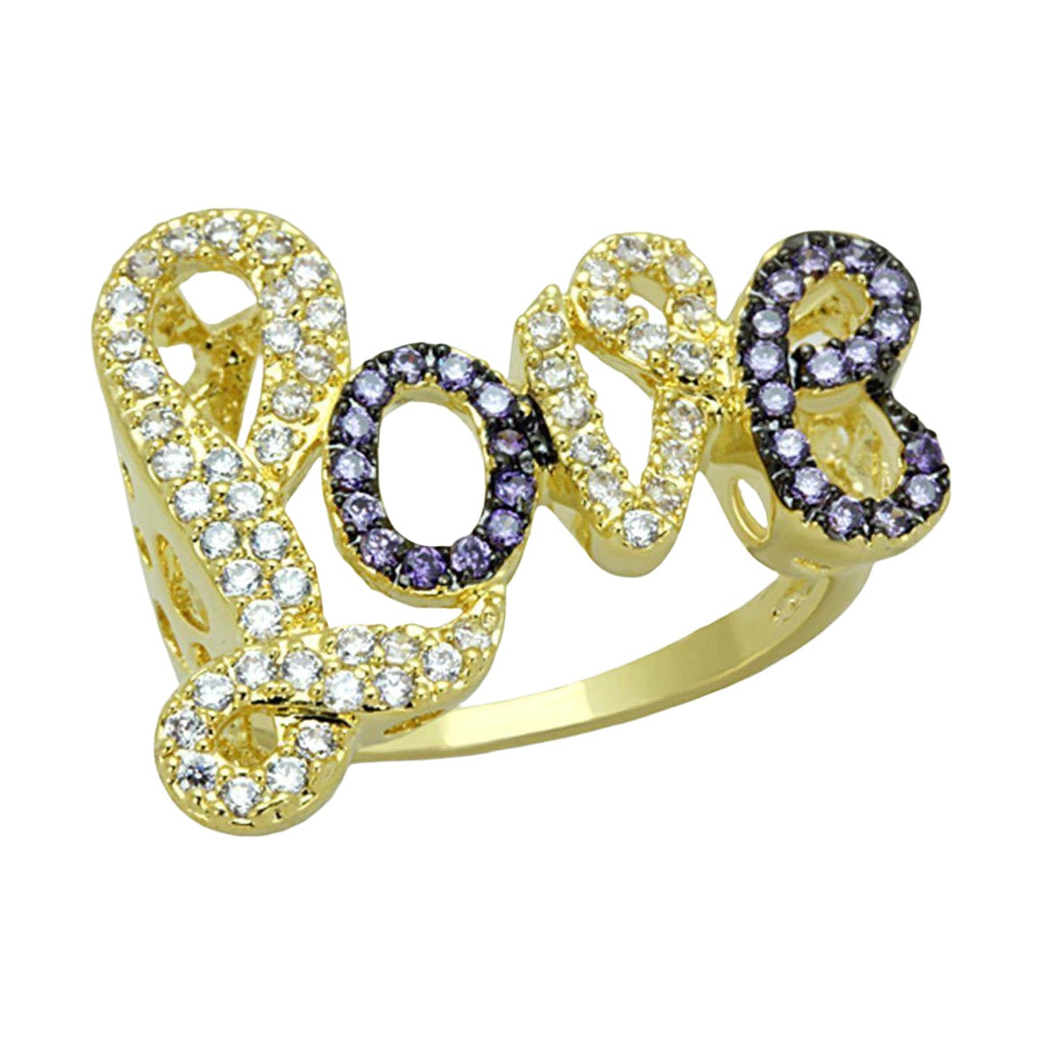 Gold and ruthenium brass ring featuring a 'Love' design embellished with sparkling crystals
