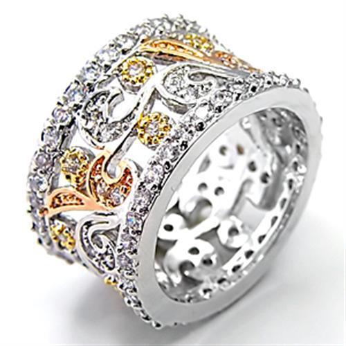 Women's Jewelry - Rings Women's Rings - 7X089 - Tricolor Brass Ring with AAA Grade CZ in Clear