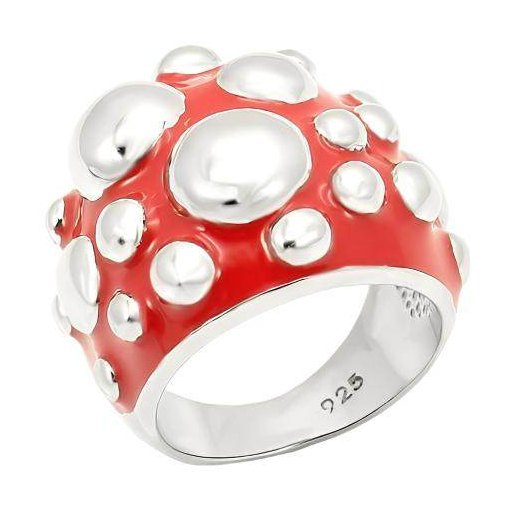 Bold sterling silver cocktail ring featuring a vibrant red enamel design with raised silver accents