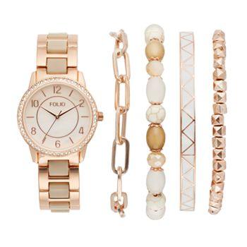 Women's Jewelry - Watches Women'S Rose Gold Tone & White Watch & Stackable Bracelet Set