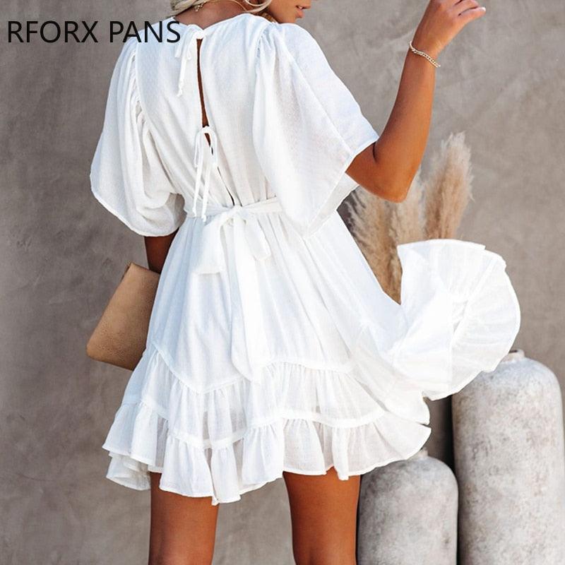 Women's Dresses Women Solid V-Neck Short Sleeve Fit & Flare Ruffle Dress...