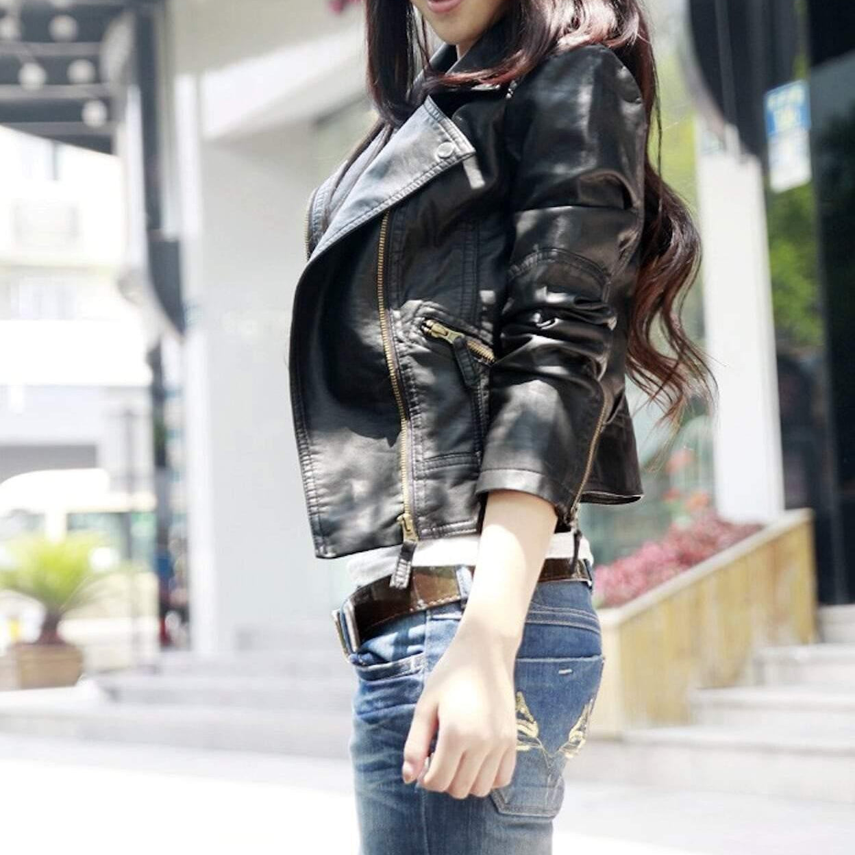 Women's Coats & Jackets Womens Black Cropped Vegan Leather Jacket Zipper Biker