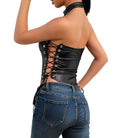 Women's Shirts Womens Black Faux Leather Bodysuit Grommet Lace Up Halter Top