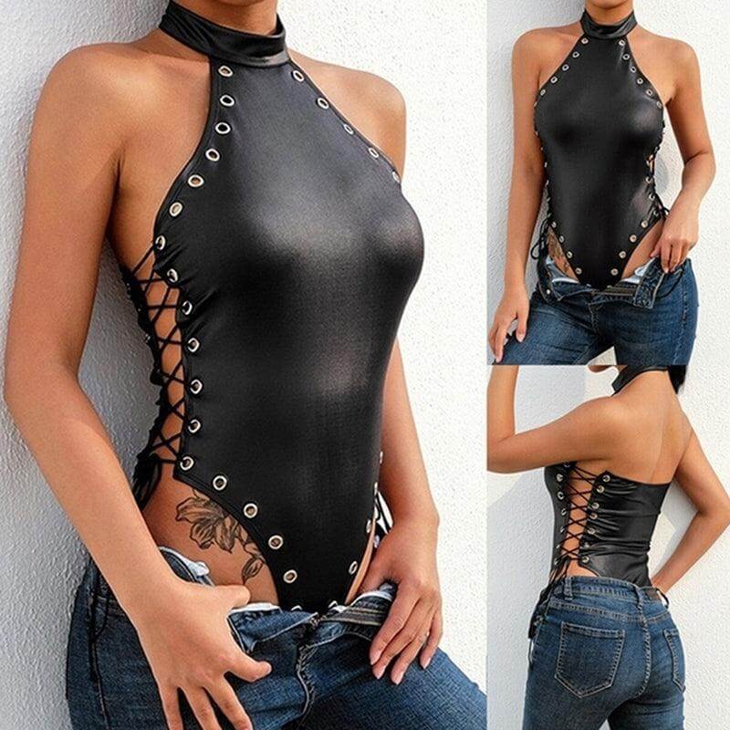 Adult Black Faux Leather and Lace Bodysuit 