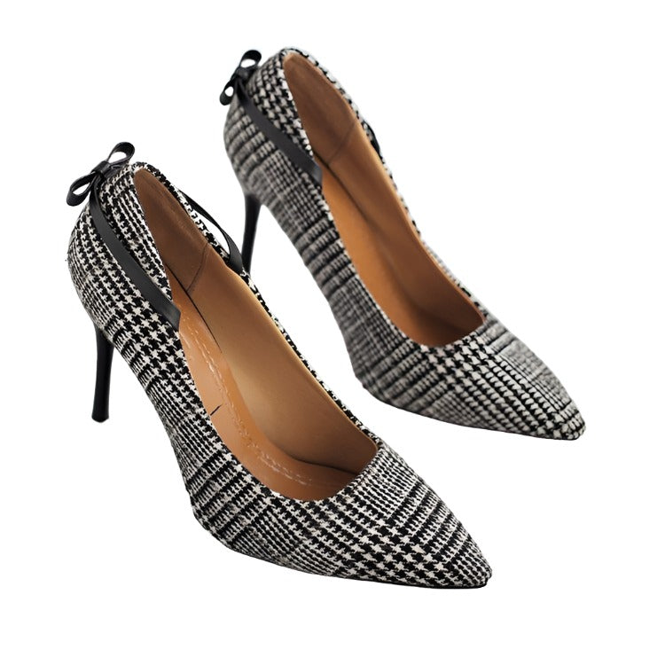 Women's Shoes - Heels Womens Black Houndstooth Heels Buckle Bow Pointed Stiletto...