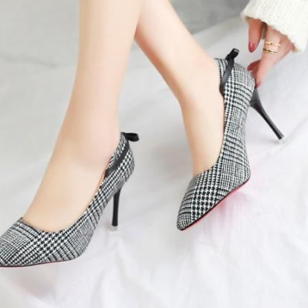 Women's Shoes - Heels Womens Black Houndstooth Heels Buckle Bow Pointed Stiletto...