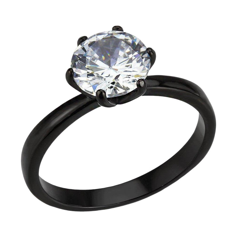 Womens black stainless steel ring with a sparkling round crystal centerpiece for elegant style
