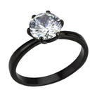 Womens black stainless steel ring with a sparkling round crystal centerpiece for elegant style