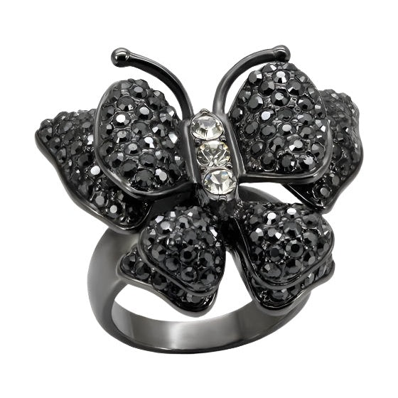 Elegant womens cobalt black ring featuring a butterfly design with sparkling stones