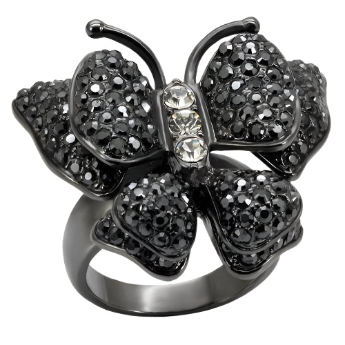 Elegant womens cobalt black ring featuring a butterfly design with sparkling stones