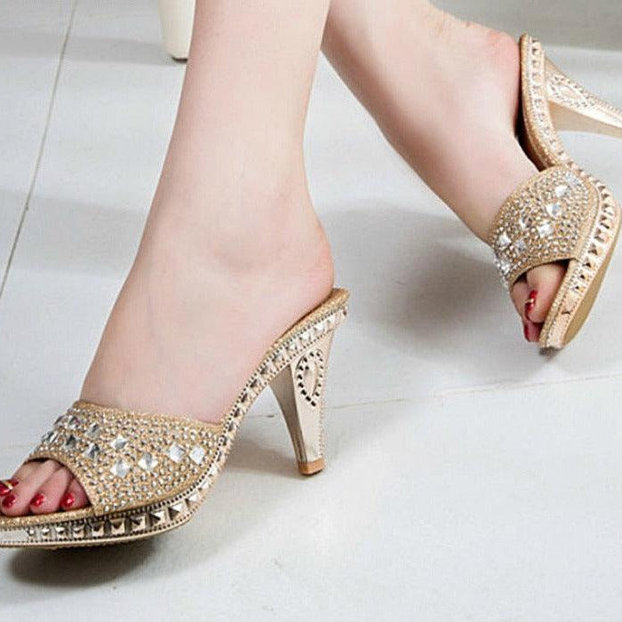Women's Shoes - Heels Womens Crystal Party Shoes Gold Open Toe Ladies Shoes