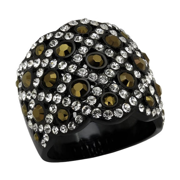 Stylish women's crystal rings featuring a black design and a mix of sparkling clear and brown crystals