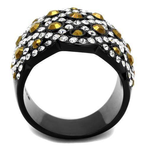 Unique women's crystal rings featuring black band with gold and clear stones for a stylish look