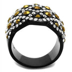 Unique women's crystal rings featuring black band with gold and clear stones for a stylish look