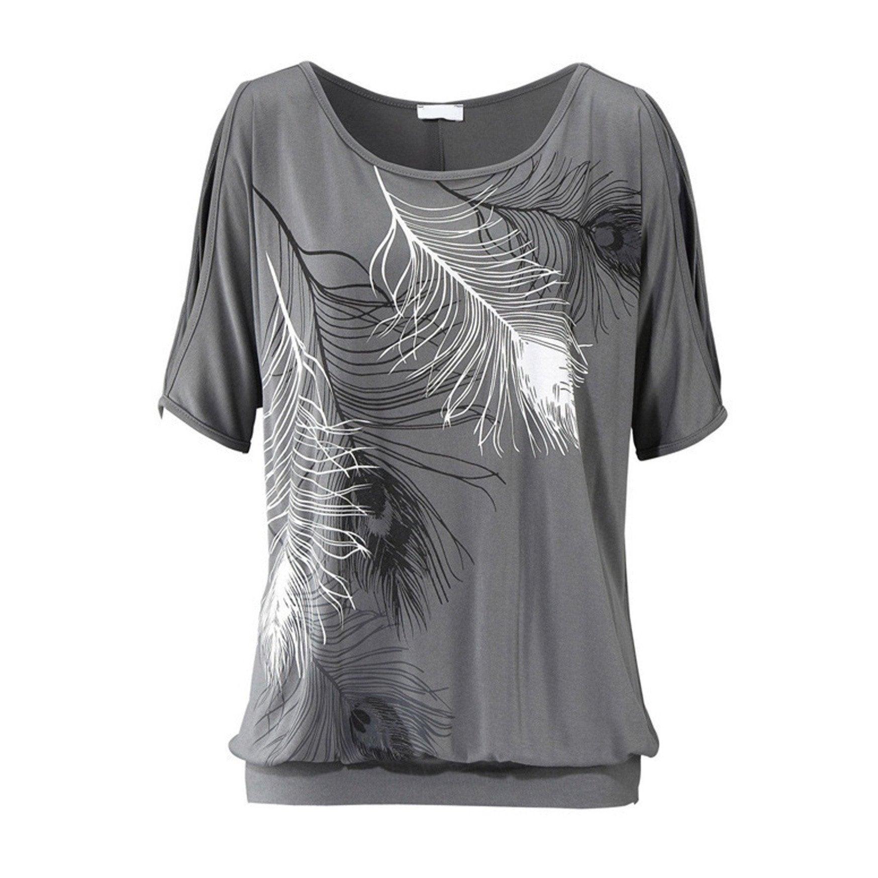 Women's Shirts Womens Cut Shoulder Casual T Shirt With Feather Print