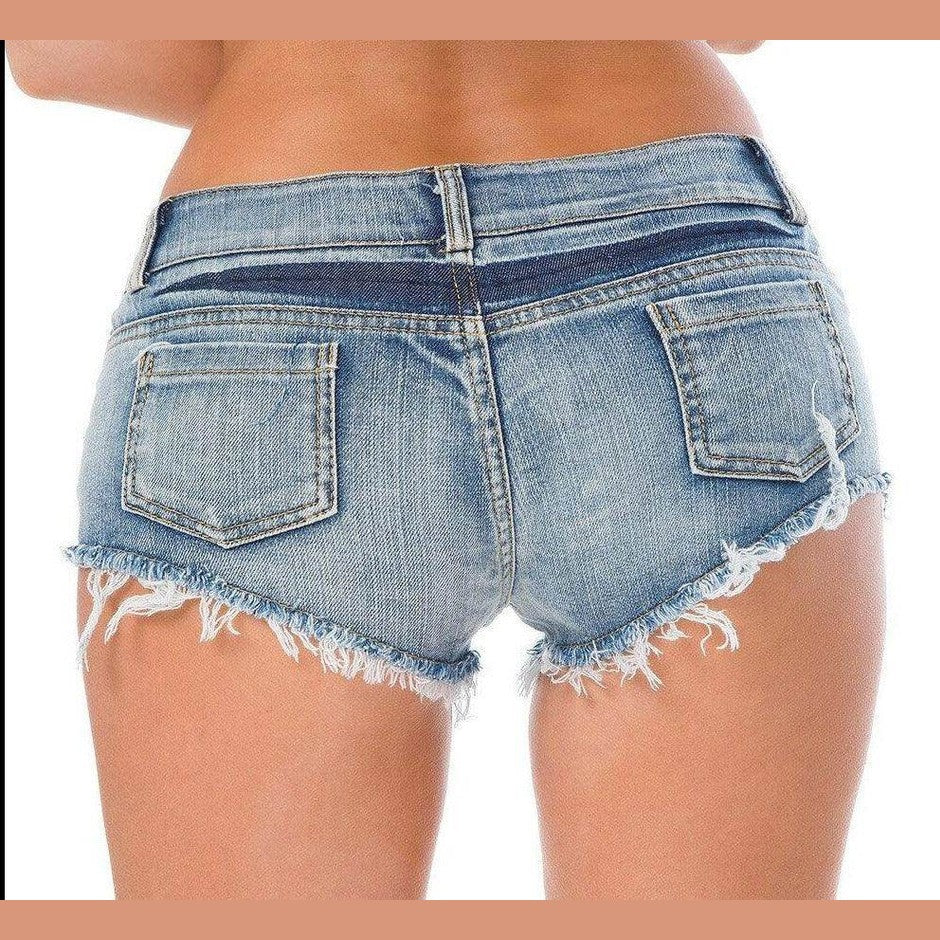 VacationGrabs womens denim shorts low waist with frayed hem and classic five-pocket design