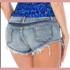 VacationGrabs womens denim shorts low waist with frayed hem and faded blue color for a stylish summer look