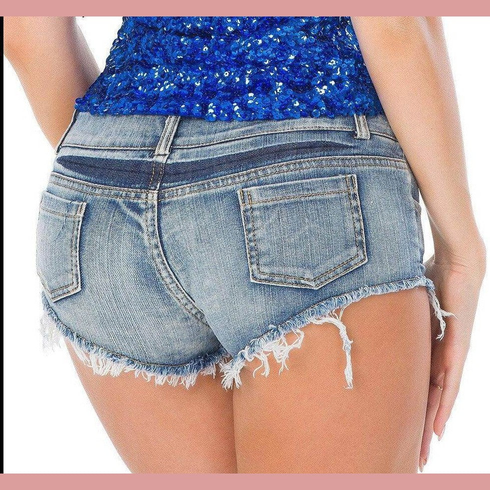 VacationGrabs womens denim shorts low waist with frayed hem and faded blue color for a stylish summer look