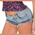 Stylish womens denim shorts low waist with frayed edges, perfect for summer outings