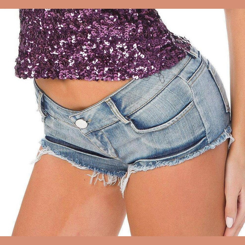 Stylish womens denim shorts low waist with frayed edges, perfect for summer outings