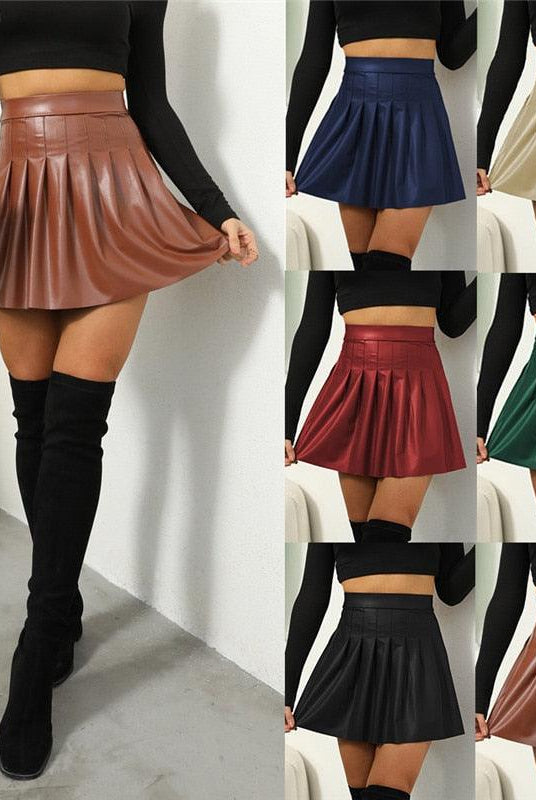 Women's Clubwear Womens Faux Leather Mini Skirts For Women High Waist Pleated...
