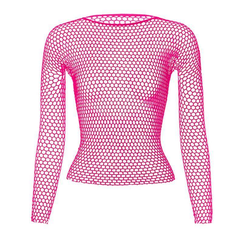 VacationGrabs women's fishnet top in vibrant pink with long sleeves for a trendy look