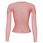 Red womens fishnet top with long sleeves, perfect for layering or summer outfits