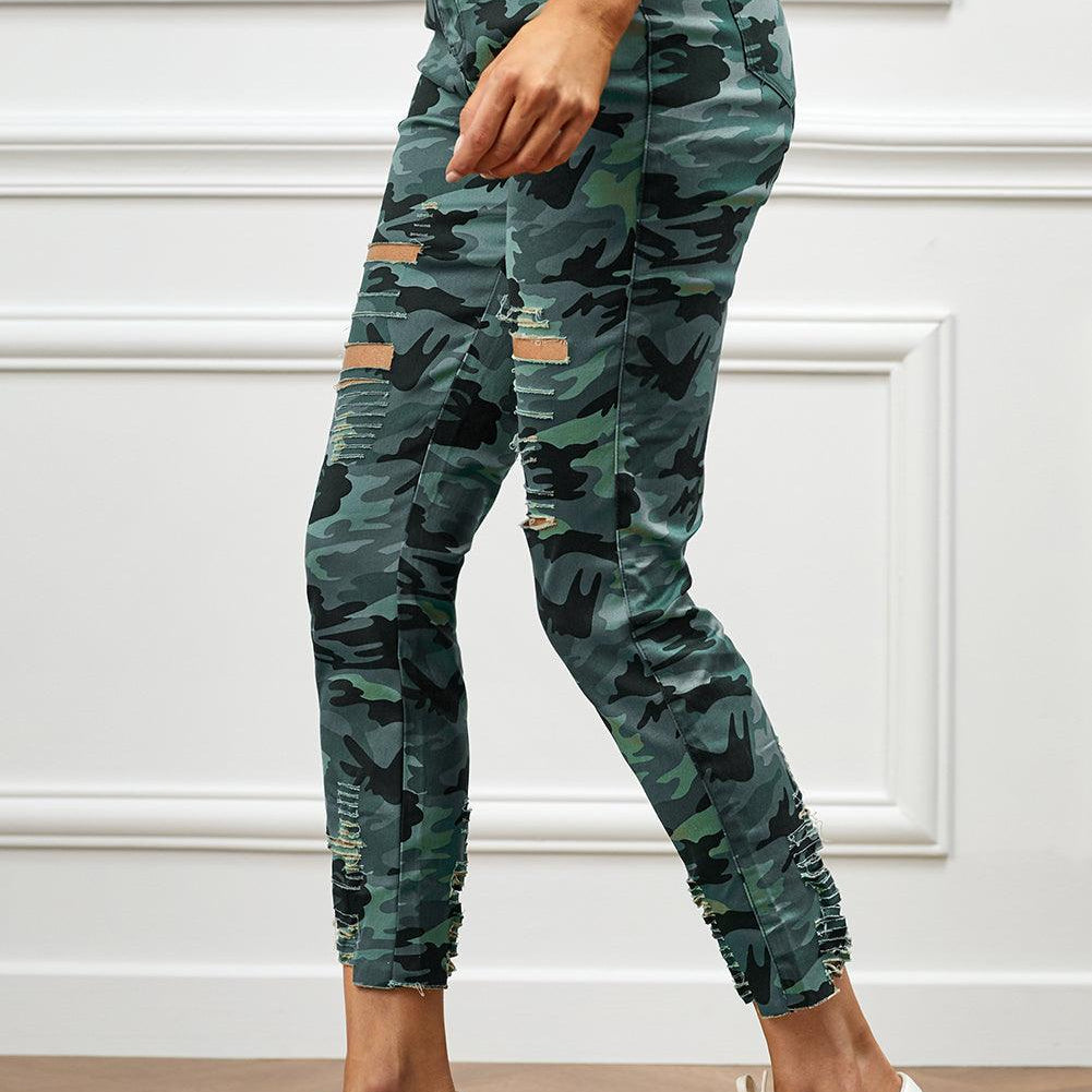 Women's Jeans Womens Green Distressed Camouflage Jeans