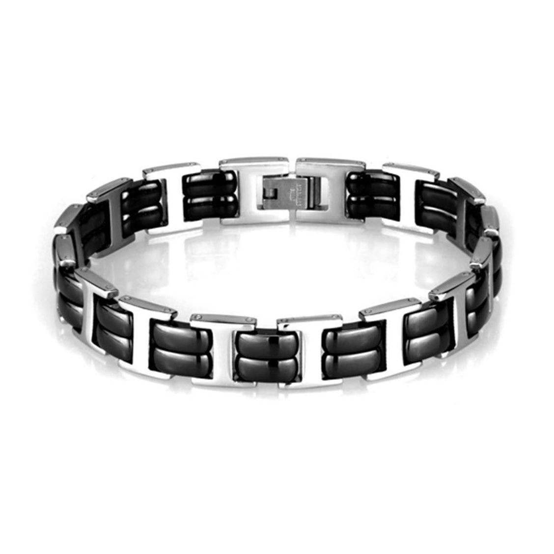 Stylish women's high polished bracelet featuring a sleek black and silver design