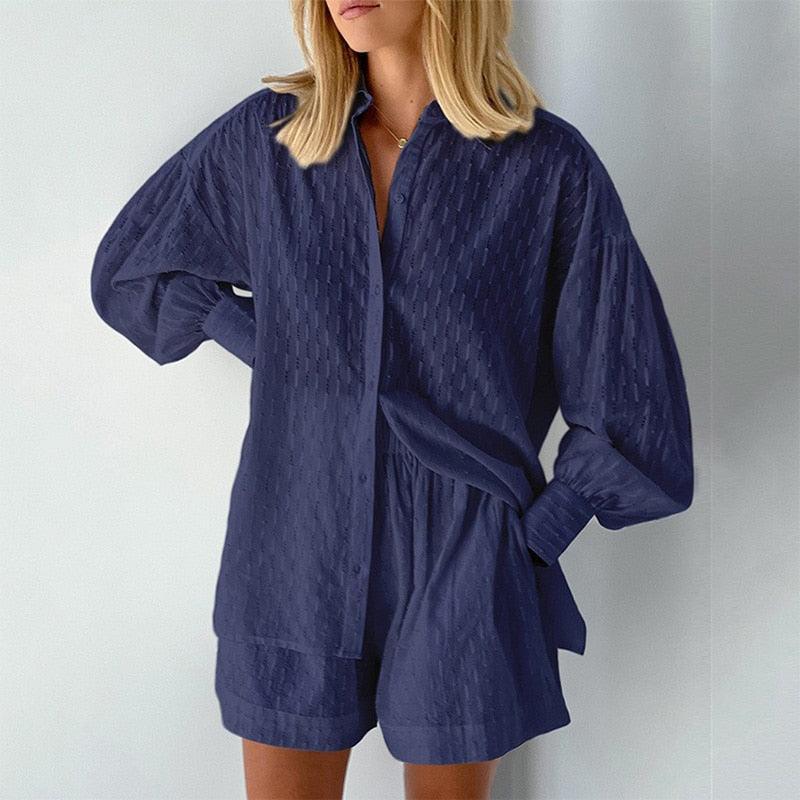 Women's Outfits & Sets Womens Lantern Sleeve Loose Shirt And Shorts Set 2 Piece Outfits