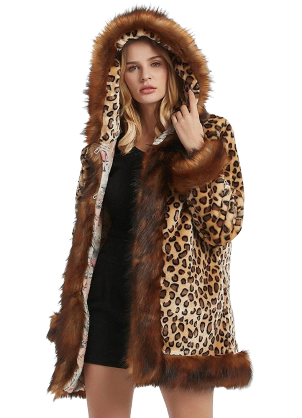 Women's Coats & Jackets Womens Leopard Print Hooded Faux Fur Collar Jacket