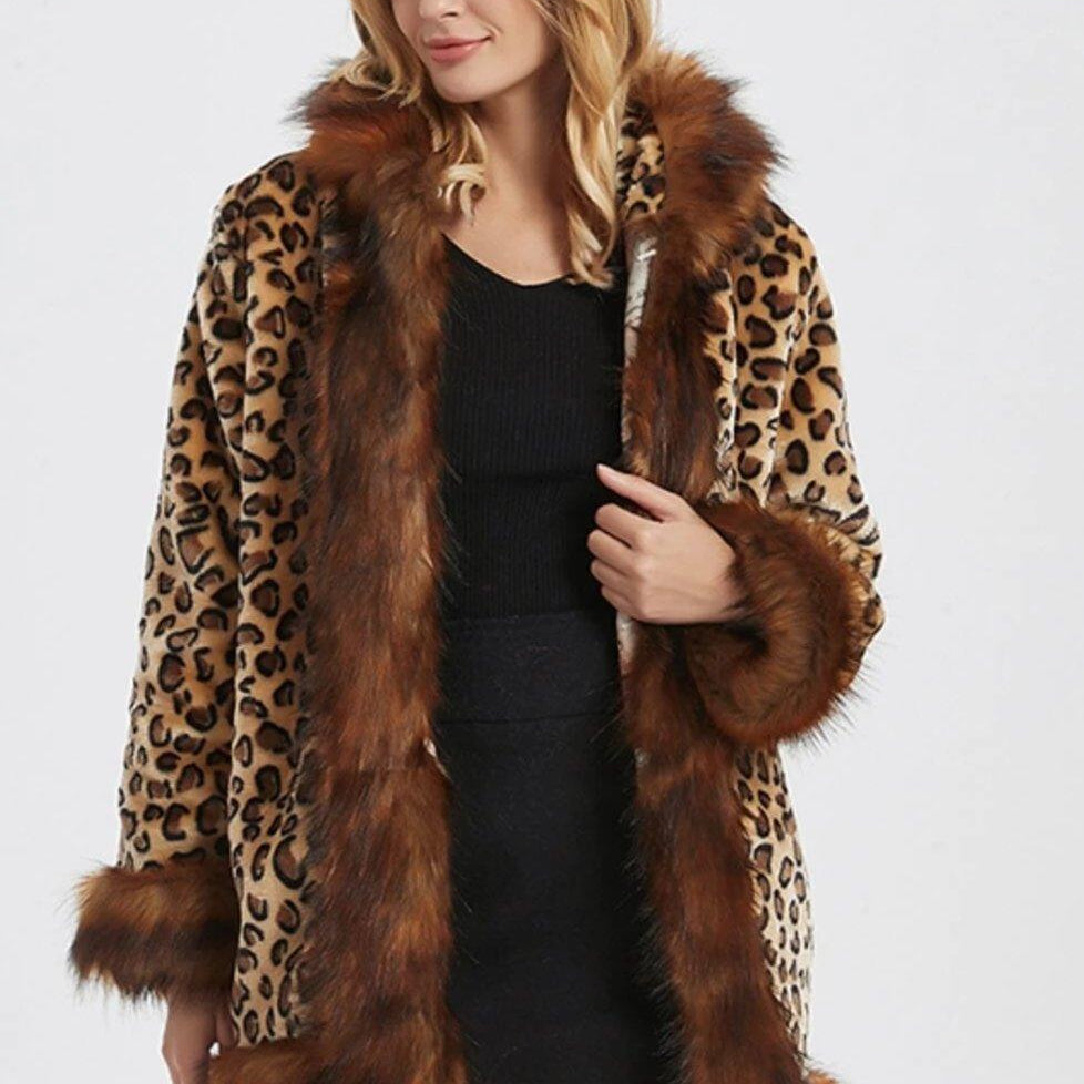 Women's Coats & Jackets Womens Leopard Print Hooded Faux Fur Collar Jacket