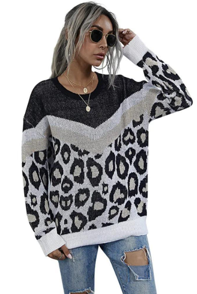 Women's Sweaters Womens Leopard Print Round Neck Sweater