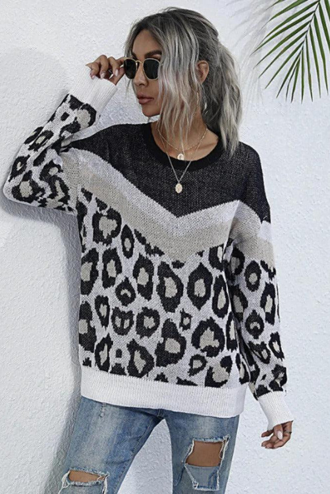 Women's Sweaters Womens Leopard Print Round Neck Sweater