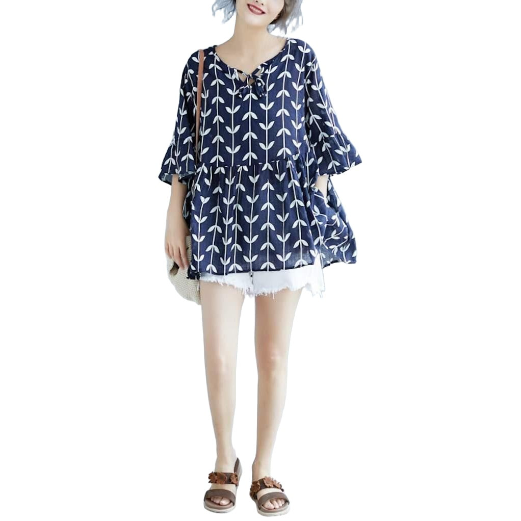Women's Shirts Womens Linen Floral Top Navy Blue And White