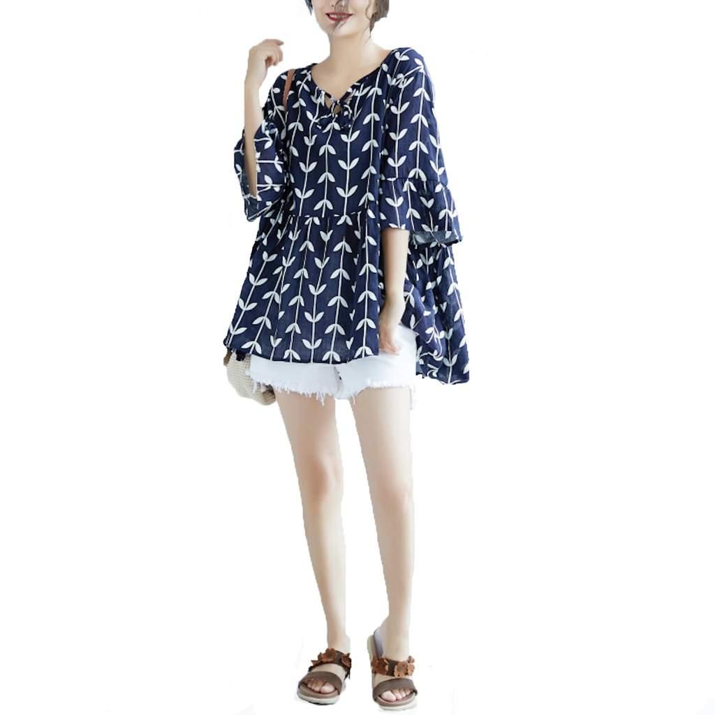 Women's Shirts Womens Linen Floral Top Navy Blue And White