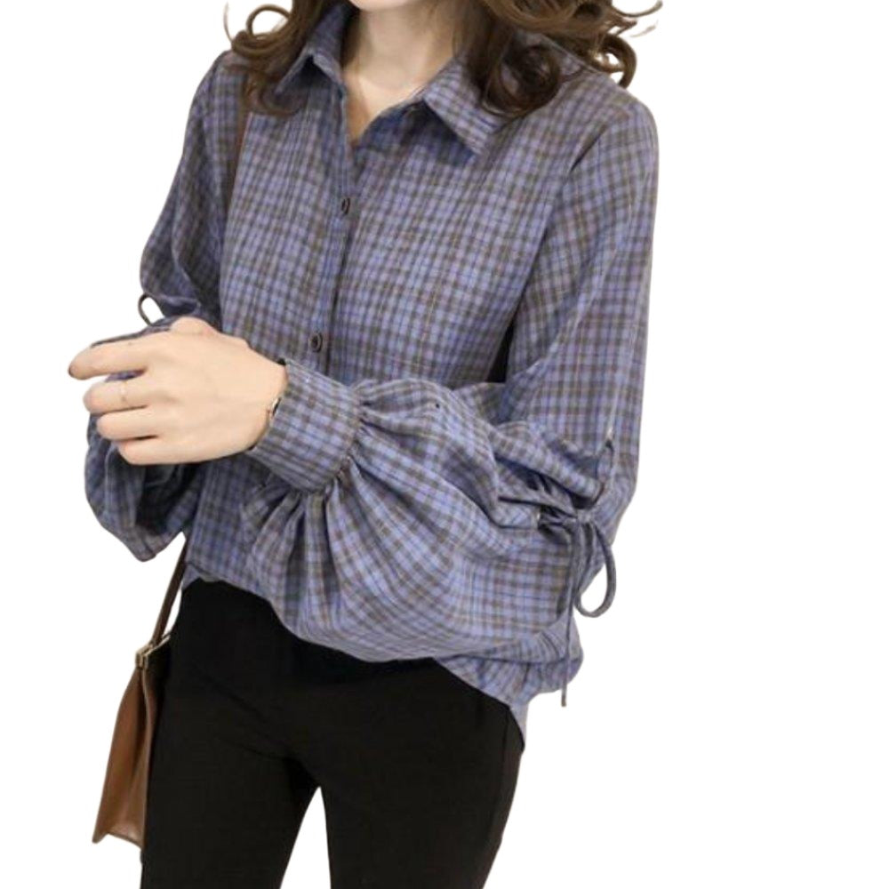 Women's Shirts Womens Loose Fit Button Front Bell Sleeves Plaid Shirt