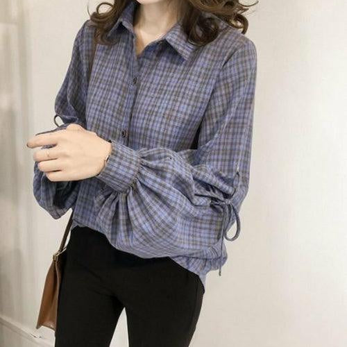 Women's Shirts Womens Loose Fit Button Front Bell Sleeves Plaid Shirt