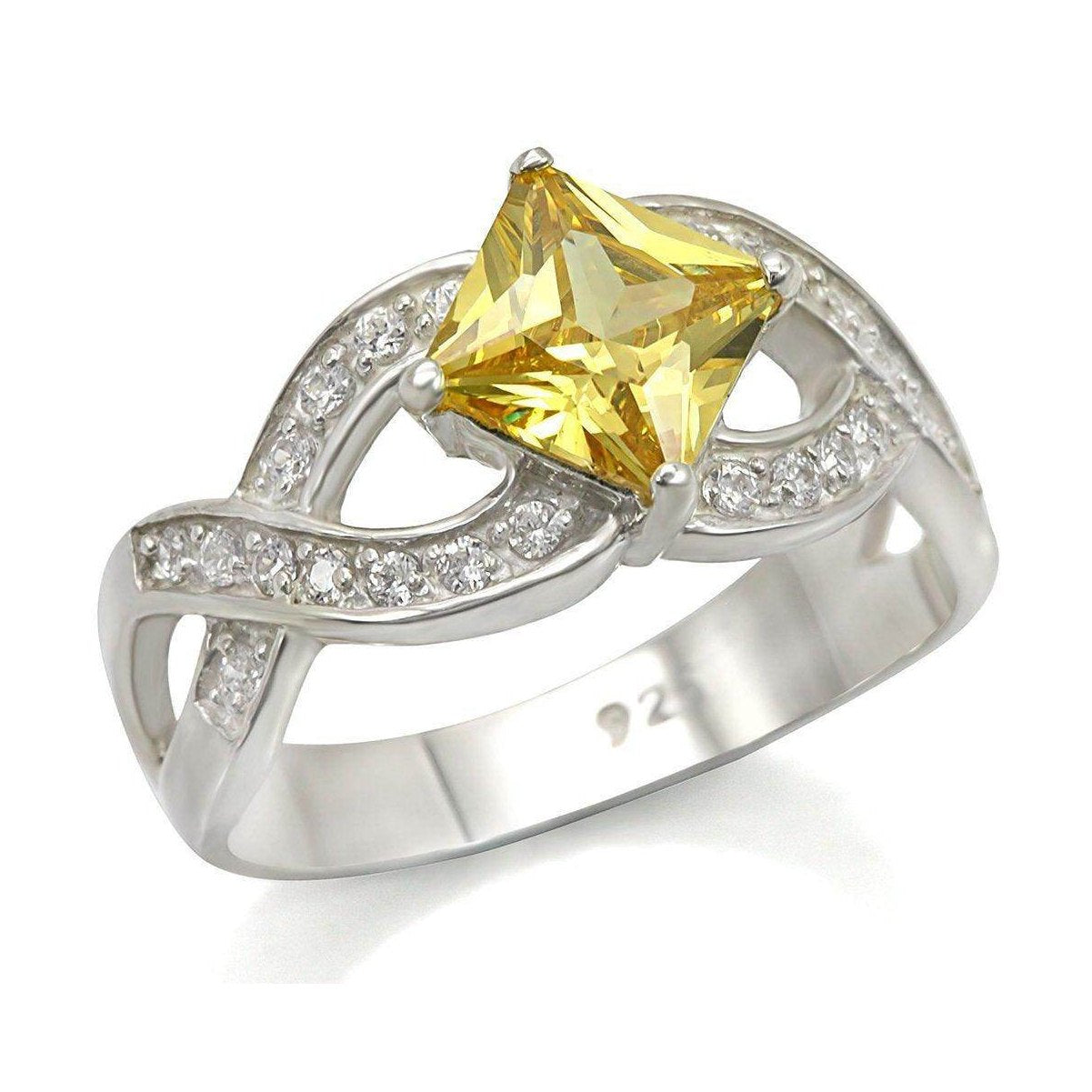 Stunning women's silver promise ring with stone featuring a yellow gemstone and sparkling accents