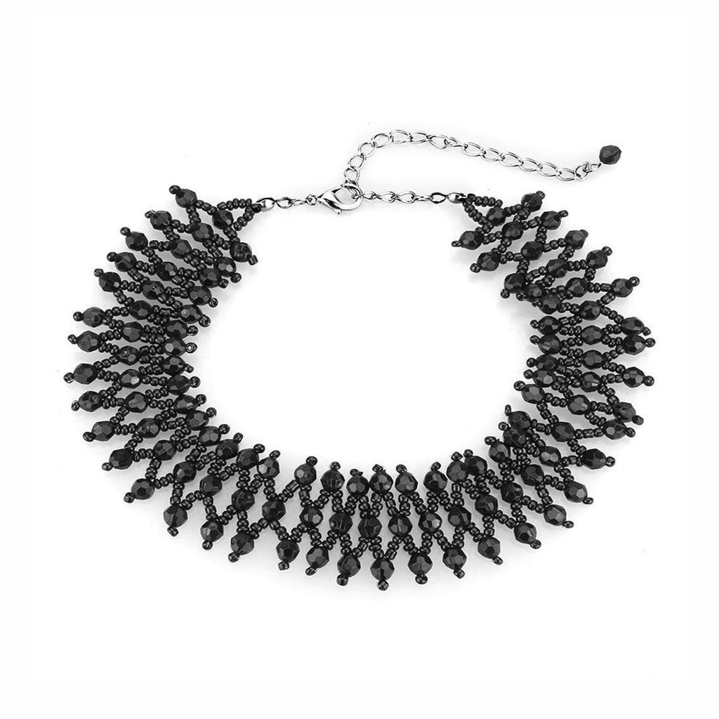 VacationGrabs women's statement necklace rhodium brass featuring intricate black bead design and adjustable chain