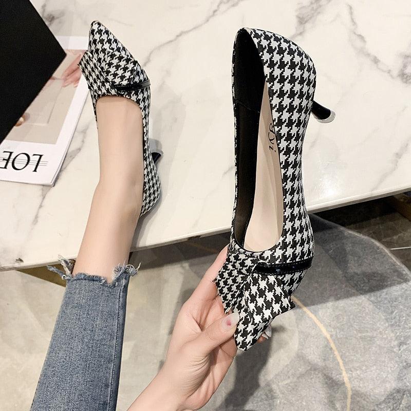 Women's Shoes - Heels Womens Stylish Houndstooth Heels In Green Or Black Plaid Low...
