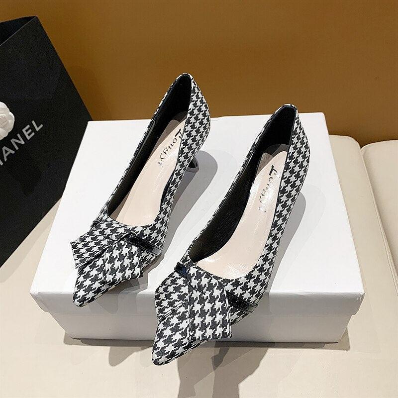 Women's Shoes - Heels Womens Stylish Houndstooth Heels In Green Or Black Plaid Low...