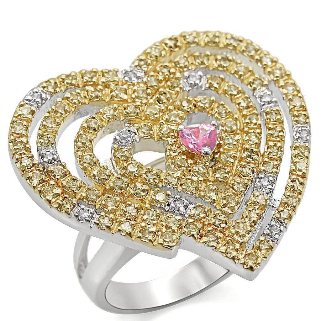 Stunning women's two-tone heart ring featuring yellow and white stones with a pink center gem