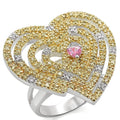 Stunning women's two-tone heart ring featuring yellow and white stones with a pink center gem