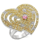 Stunning women's two-tone heart ring featuring yellow and white stones with a pink center gem