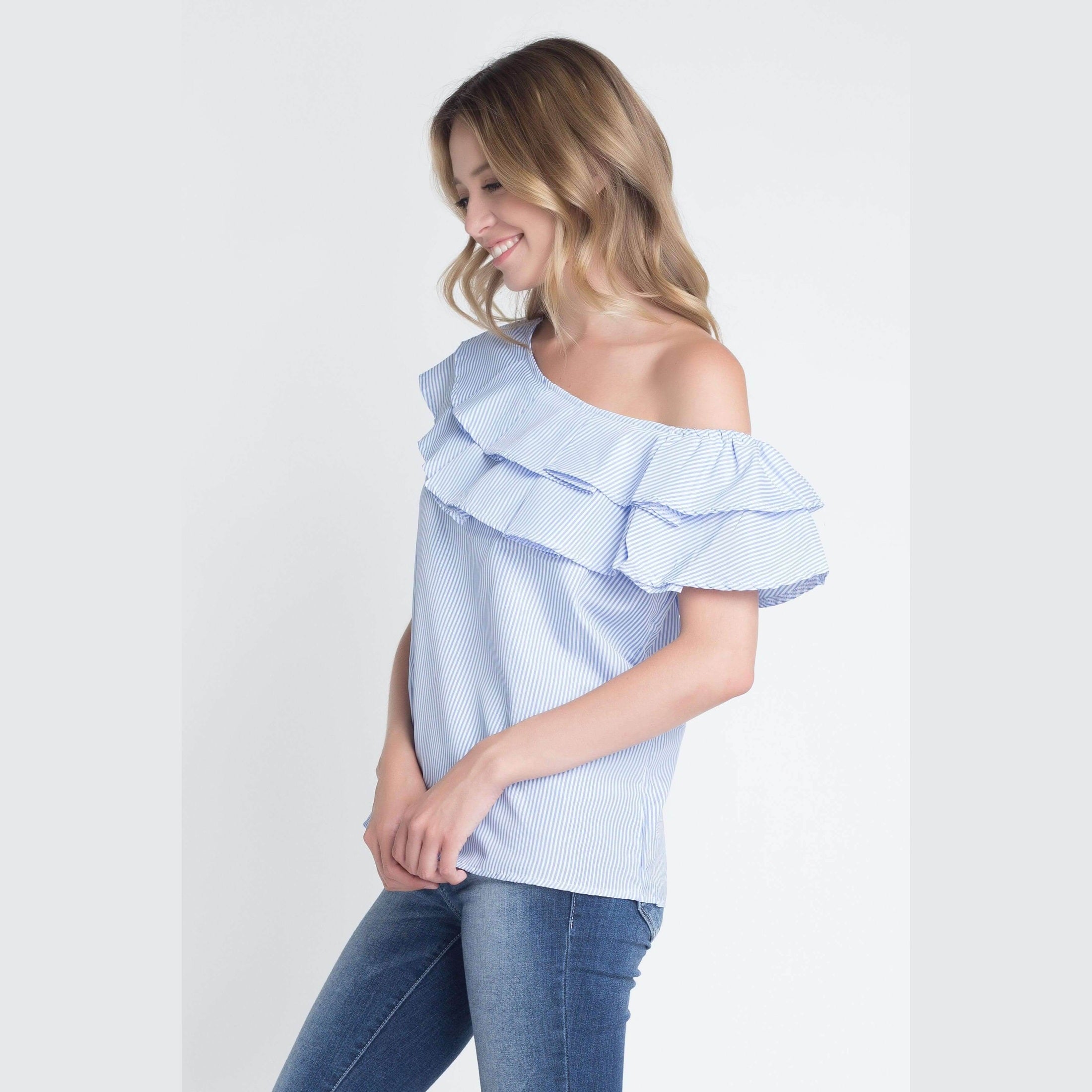 Ivory Felix Womens Vacation Fashion Top with Ruffle Detail and Striped Pattern in Light Blue