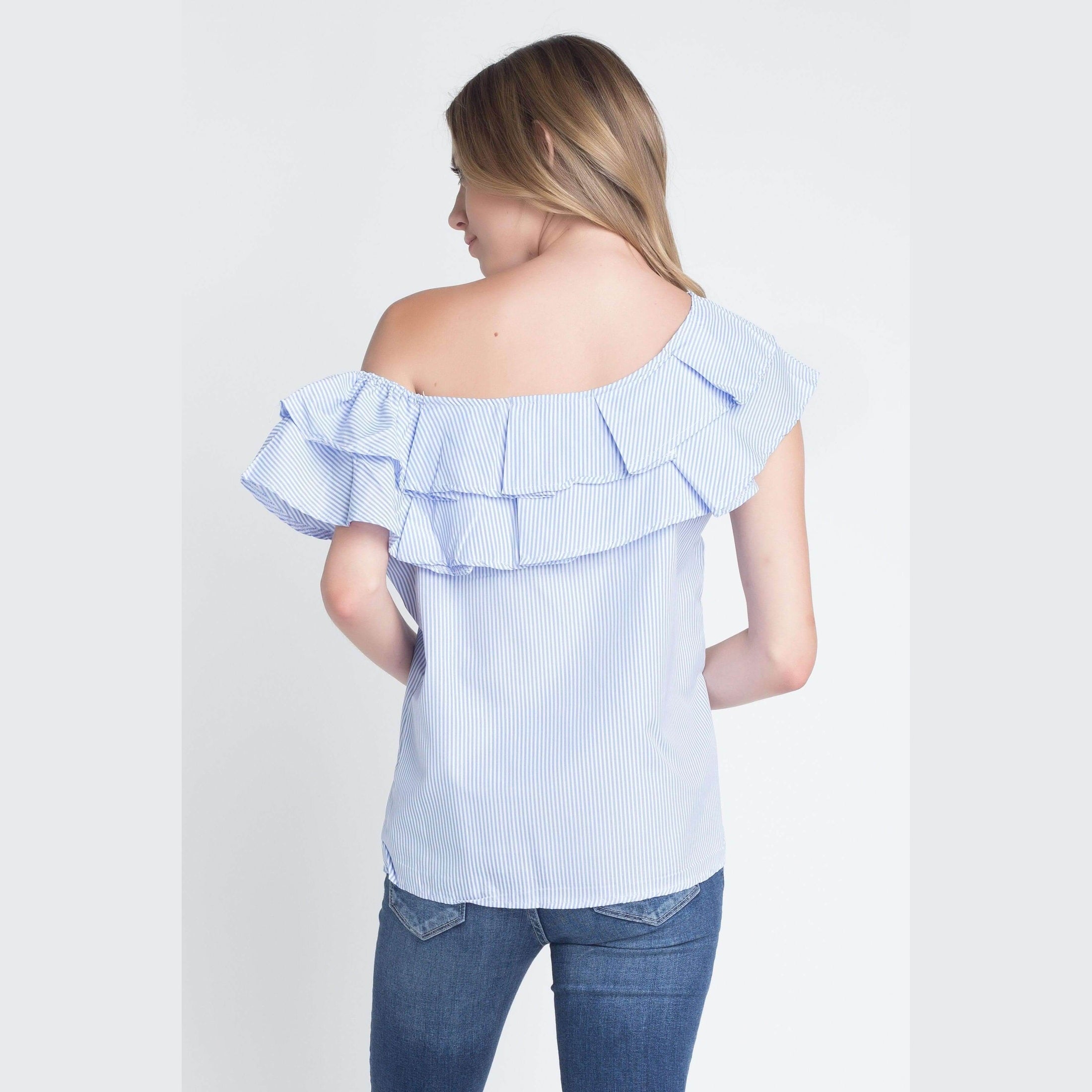 Ivory Felix Womens Vacation Fashion Top in light blue with ruffled off-shoulder design and striped pattern