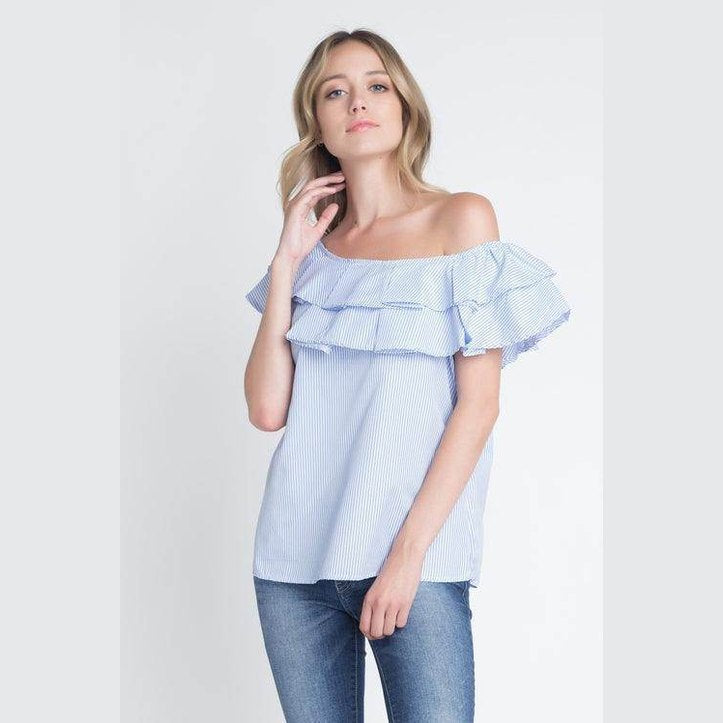 Ivory Felix Womens Vacation Fashion Top with Ruffled Off-Shoulder Design and Blue Stripes